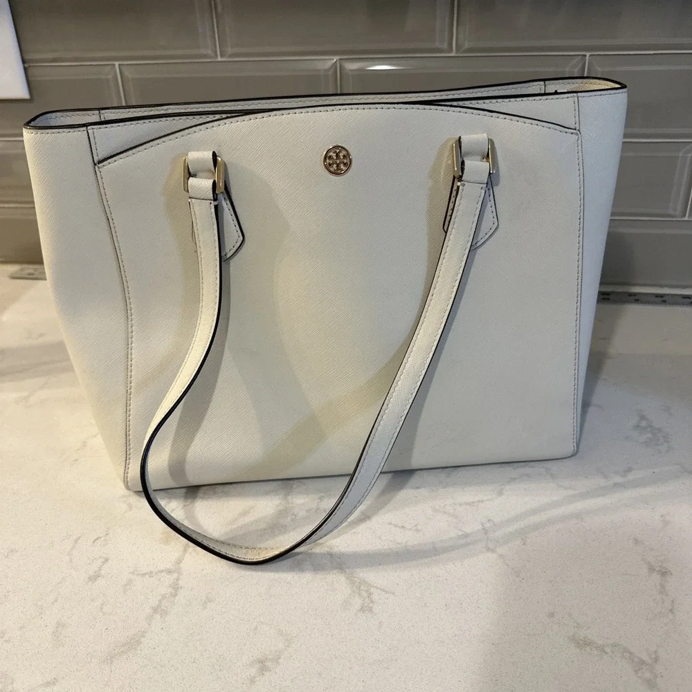 Tory Burch Tote Bag Shoulder Bag Robinson Medium Leather Ivory, Protective Bag.